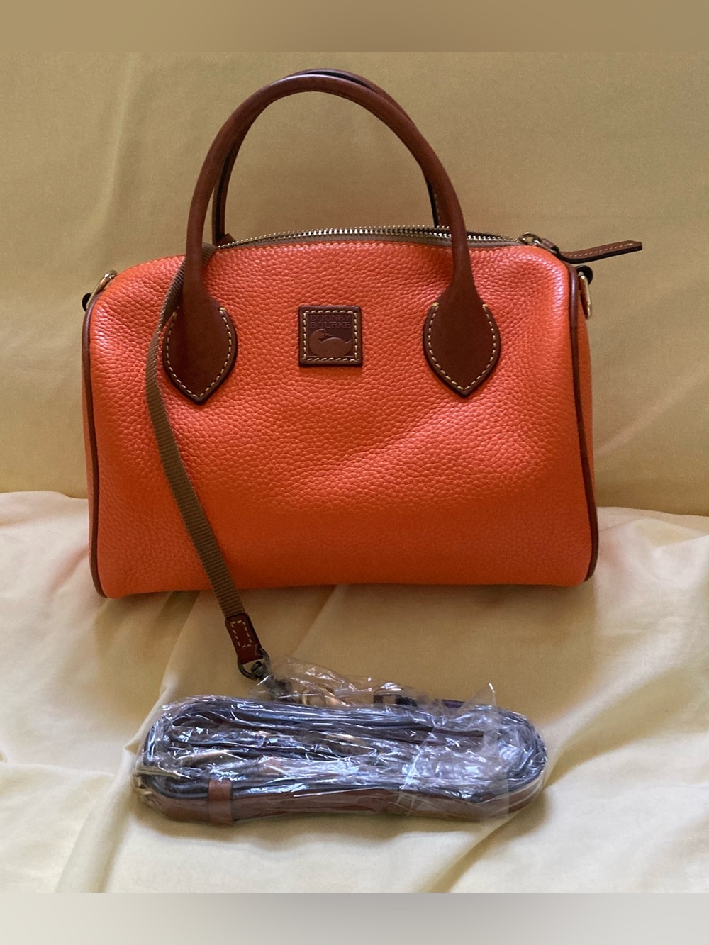 Dooney and Burke barrel Orange Leather Top-Handle Satchel with Brown Accents - Picture 10 of 13